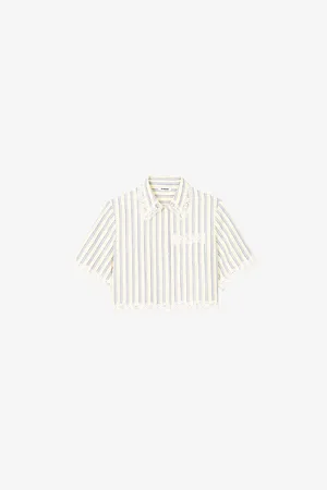 Sandro Womens Lace-Trim Striped Cropped Cotton and Linen-Blend Shirt 6