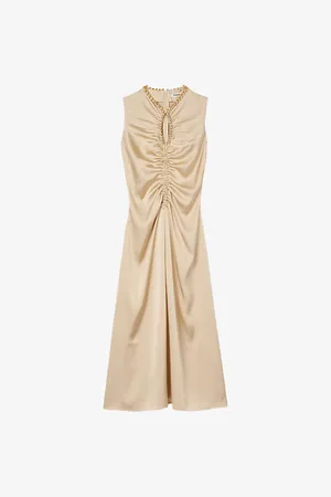Sandro Womens Rhinestone-Embellished Ruched Satin Midi Dress 6