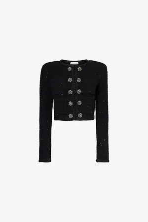 Self-Portrait Womens Sequin Textured-Knit Cropped Jacket S