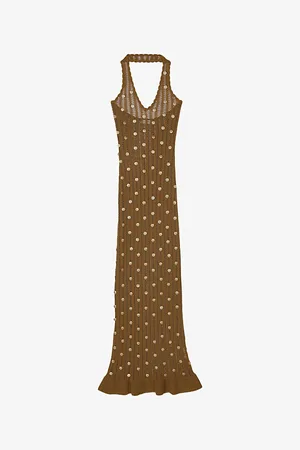 Sandro Womens Halter-Neck Metal-Tassel Cotton-Knit Maxi Dress 6