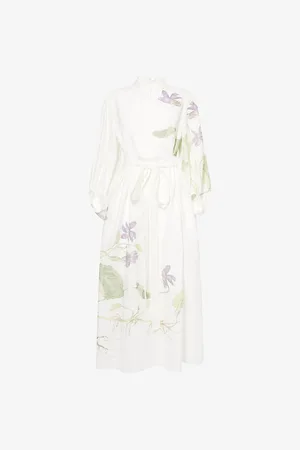 Erdem Womens Floral-Print Puff-Sleeve Linen Midi Dress 8