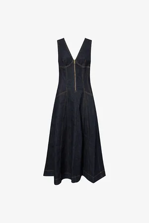 Self-Portrait Womens V-Neck Flared Stretch-Denim Blend Midi Dress 6