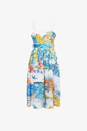 Mary Katrantzou Womens Iris Belted Cotton-Poplin Midi Dress 10