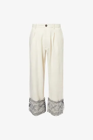 Kartik Research Mens Pleated Embroidered-Hem Brushed Wool Trousers S