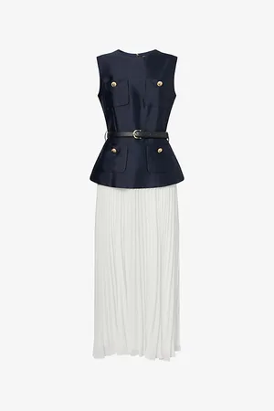 Self-Portrait Womens Pleated Sleeveless Woven Midi Dress 4