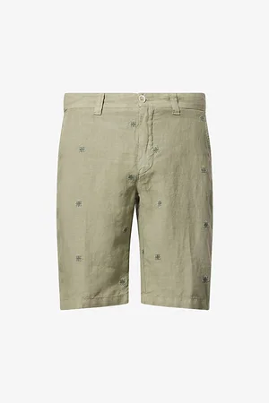 120% Lino Mens Embroidered Mid-Rise Linen Shorts 32