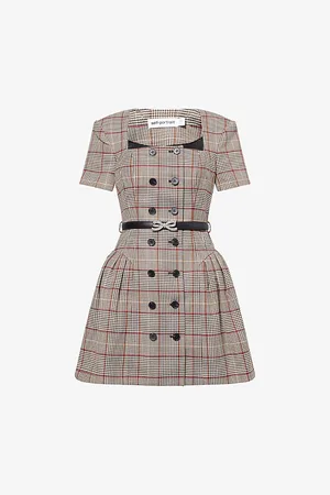 Self-Portrait Womens Check-Print Square-Neck Wool-Blend Mini Dress 4