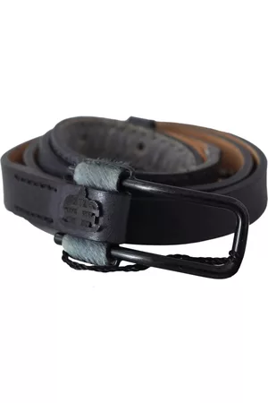 ERMANNO SCERVINO Gray Leather Fur Black Logo Buckle Belt - 90 cm / 36 Inches