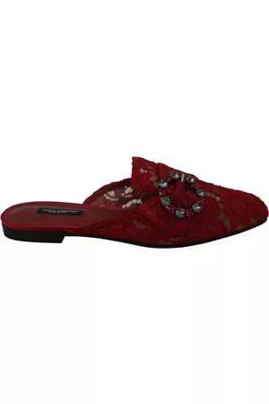 Dolce & Gabbana Women Slide Sandals - Lace Crystal Slide On Flats Shoes - EU35/US4.5