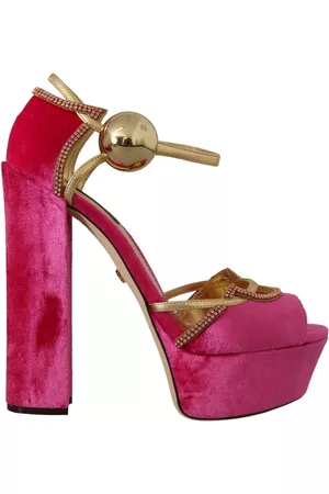 Dolce & Gabbana Pink Velvet Crystal Ankle Strap Sandals Shoes - EU39.5/US9