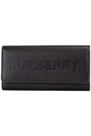 Burberry Porter Black Grained Leather Branded Logo Embossed Clutch Flap  Wallet