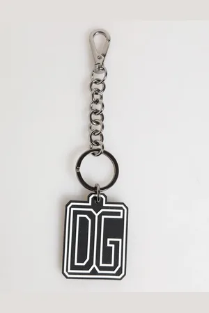 Dolce & Gabbana Black White DG Rubber Logo Silver Men Keychain Keyring