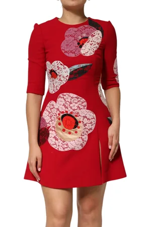 Dolce & Gabbana Red Lace Floral Applique A-line Mini Dress - IT36|XXS