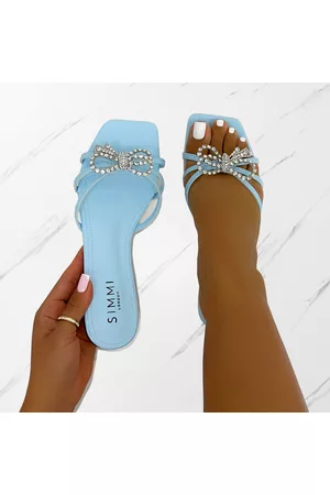 simmi.com Flat Shoes - Santos Baby Blue Diamante Bow Flat Sandals