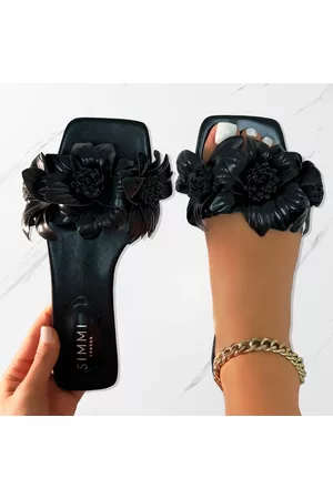 simmi.com Flat Sandals - Miray Black Flower Flat Slides