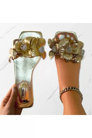 simmi.com Flat Sandals - Miray Gold Flower Flat Slides