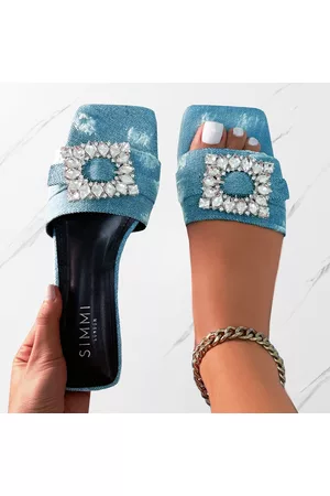 simmi.com Flat Sandals - Cyra Blue Denim Raffia Diamante Flat Sandals