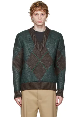 Bottega Veneta Men Sweaters - Brown & Green Argyle V-Neck Sweater