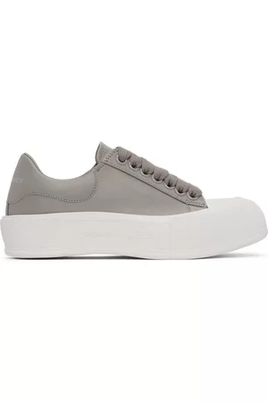 Alexander McQueen Women Casual Shoes - Grey Leather Deck Lace-Up Plimsoll Sneakers