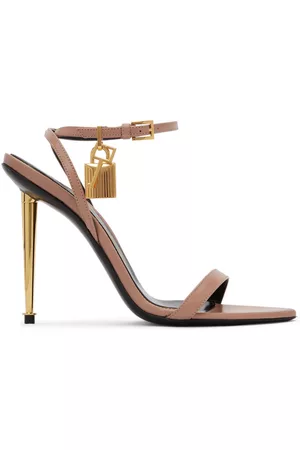Tom Ford Women Heeled Sandals - Taupe Shiny Leather Padlock Heeled Sandals