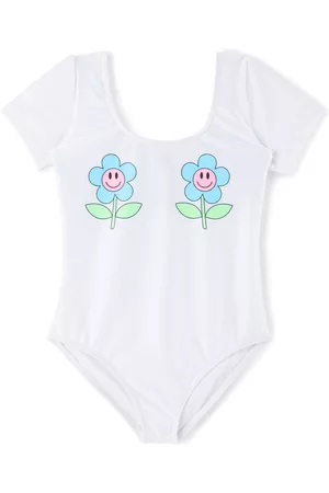CRLNBSMNS Kids White Flower Smile One-Piece Swimsuit