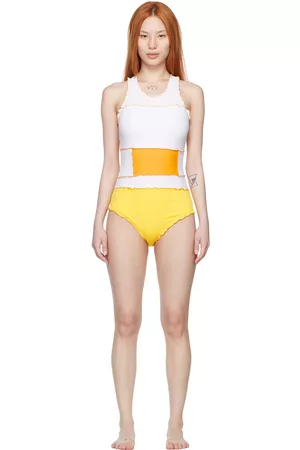 Sherris Women Swimsuits - Yellow & White Nylon One-Piece Swimsuit