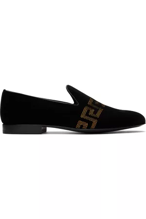 VERSACE Men Loafers - Black Embroidered Greca Loafers