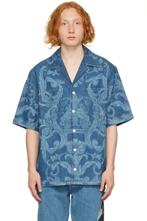 VERSACE Men Denim Shirts - Blue Denim Baroque Shirt