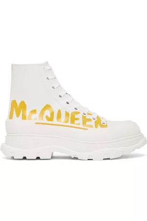Alexander McQueen Men Designer Hi-Tops - White Grafitti Tread Slick High-Top Sneakers