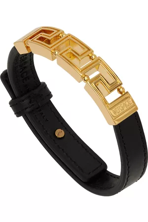 VERSACE Men Leather Bracelets - Black & Gold Greek Key Bracelet
