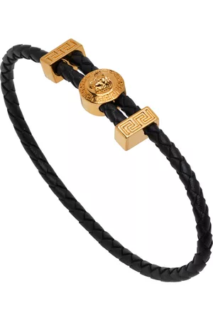 VERSACE Men Bracelets - Black & Gold Leather Bracelet