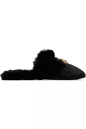 VERSACE Men Winter Boots - Black Faux-Fur Palazzo Slippers