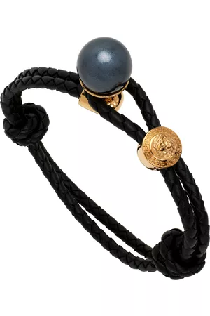 VERSACE Men Leather Bracelets - Black Leather & Pearl Bracelet