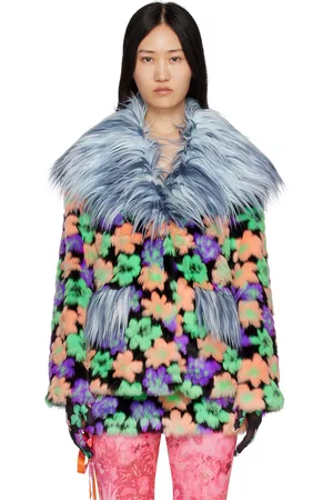 Shuting Qiu Women Floral Jackets - Blue Floral Faux-Fur Jacket