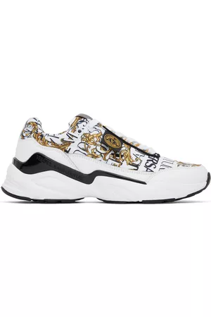 VERSACE Men Canvas Sneakers - White Wave Logo Couture Sneakers