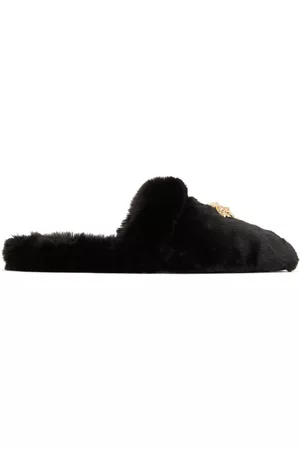 VERSACE Men Winter Boots - Black Faux-Fur Palazzo Slippers