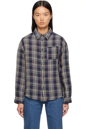 A.P.C. Women Plaid Shirts - Navy Linen Plaid Boyfriend Shirt