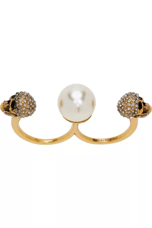 Alexander McQueen Gold Pearl Skull Double Ring