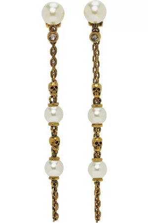 Alexander McQueen Gold Pearl Skull Drop Chain Earrings