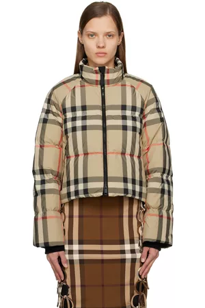 Burberry Beige Check Cropped Puffer Down Jacket