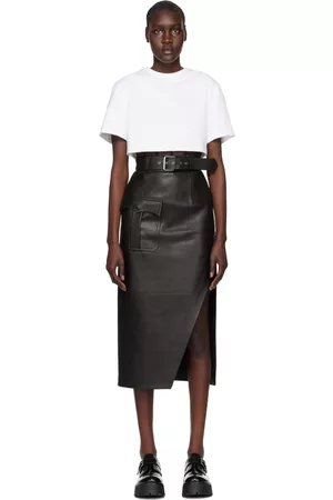 Alexander McQueen Black Slashed Leather Midi Skirt