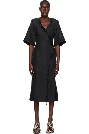 Ganni Women Midi Dresses - Black Beaded Fringe Midi Dress