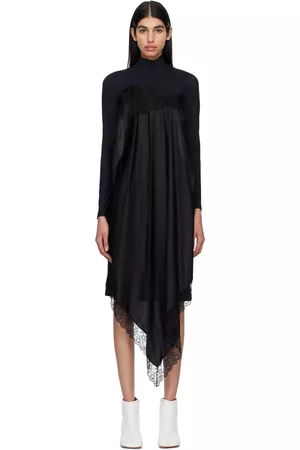 Maison Margiela Women Long Sleeve Dresses - Black Spliced Long Sleeve Midi Dress