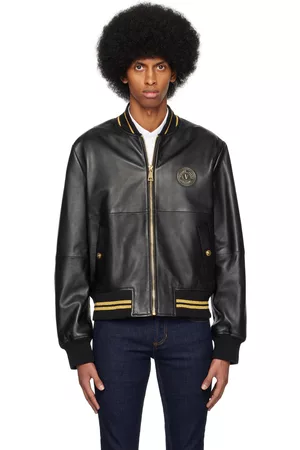 VERSACE Black V-Emblem Leather Jacket