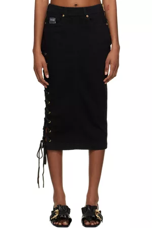 VERSACE Black Lace-Up Denim Midi Skirt