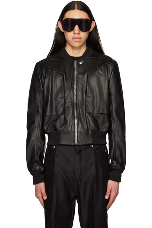 Rick Owens Black Cropped Leather Bomber Jacket