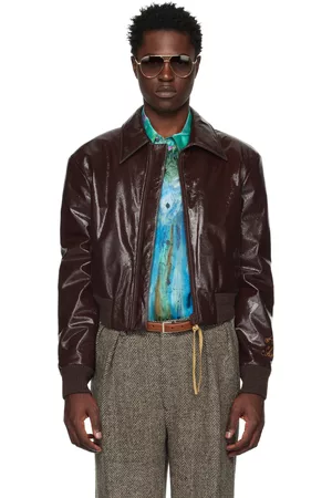 Acne Studios Men Leather Jackets - Brown Embroidered Leather Bomber Jacket