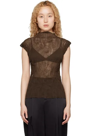 Brown Chiffon Twist high-neck technical-pleated top, Issey Miyake