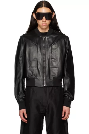 Rick Owens Men Leather Jackets - Black Fog Leather Bomber Jacket