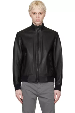 HUGO BOSS Men Leather Jackets - Black Bomber-Style Leather Jacket